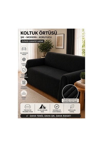 Premium Çizgili Kırık Beyaz Koltuk Örtüsü Kaymaz, Şık Ve Modern Tasarım Siyah