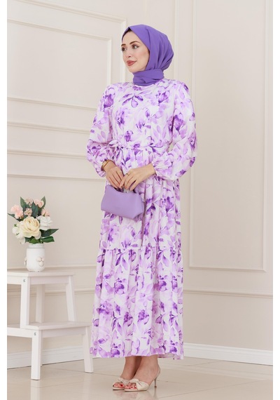 Sevitli Yarım Düğmeli Lotus Elbise-mor-5246 Mor