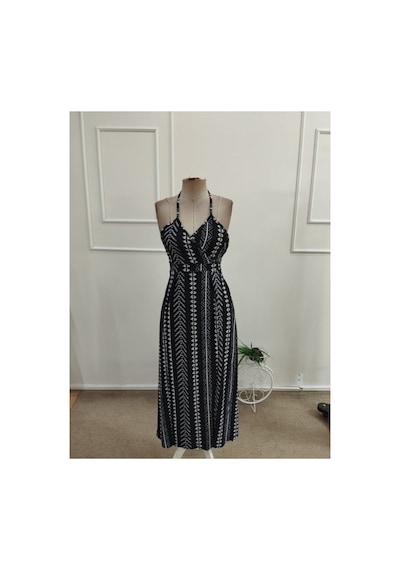 Butik İstanbul Kadın Ip Askılı Kruvaze Yakalı Önden Yırmaçlı Uzun Desenli Süprem Elbise Siyah