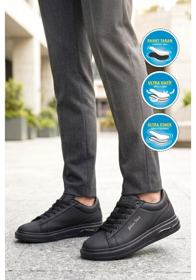 Walkway Erkek Siyah Bağcıklı Kalın Taban Erkek Casual Ayakkabı Sneaker 8078 Dashor M