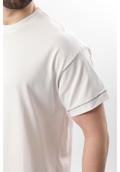 Madmext Ekru Bisiklet Yaka Çoban Dikişli Overfit Erkek T-shirt E7103 Ekru