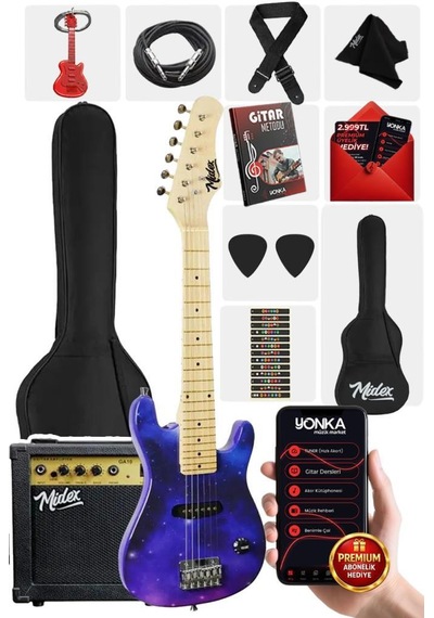 Midex Ceg-30pu 4-6 Yaş Çocuklar İçin Amfili Full 1/4 30 İnç Elektro Gitar Seti Mor