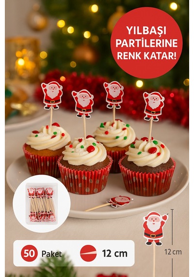 50 Li Noel Baba Figürlü 12 Cm Bambu Kürdan Yılbaşı Sunum Ve Parti Süsleme Seti