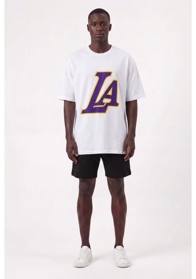 Usa La Baskılı Beyaz Oversize Erkek T-shirt 10837 Siyah