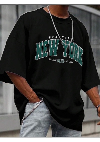 New York 1513 T-shirt - Siyah Baskılı Oversize Bisiklet Yaka Kısa Kol Tişört Siyah
