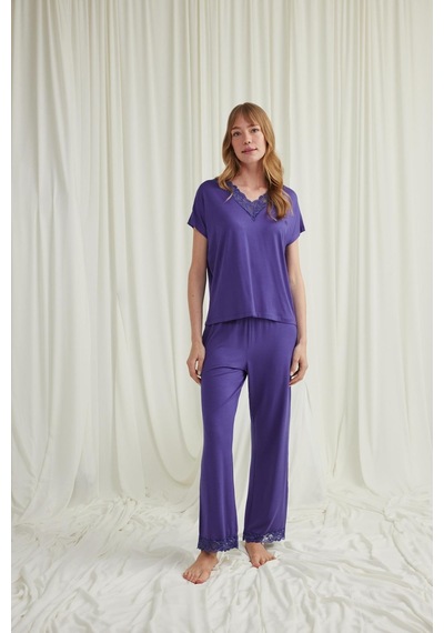 Monamise Kadın Kısa Kollu V Yakalı Dantelli Pijama Takımı 18569-mor Mor