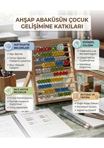 Ayaklı Ahşap Eğitici Sayı Sayma Abaküsü - Renkli Sayı Boncuklu Eğitici Matematik Oyuncağı 1