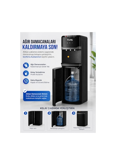 Maxilife PS-SLR-818 Aqua Kompresörlü Alttan Damacanalı Çocuk Kilitli Sıcak Soğuk Normal Su Sebili Siyah
