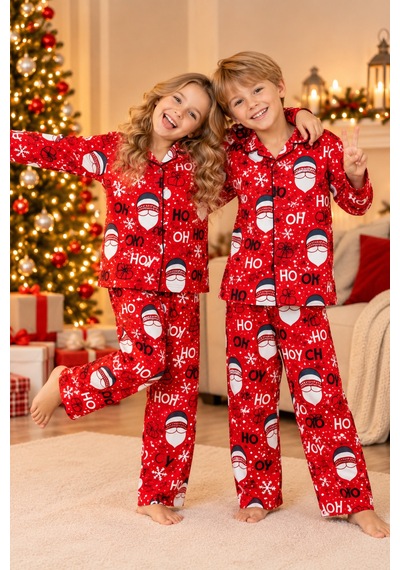 Free Beka Yılbaşı Desenli Kırmızı Uzun Kollu Önden Düğmeli Gömlek Yaka Aile Pijama Takımı Kombini