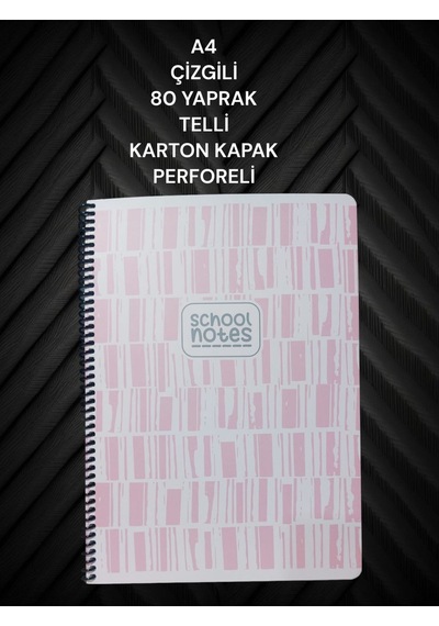 Çizgili A4 80 Yaprak Telli Defter Karton Kapak Perforeli Pembe