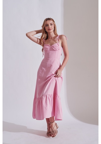 Rabia Çelik Kadın Pembe Omuzları Bağlamalı Vual Midi Elbise Pembe Pembe