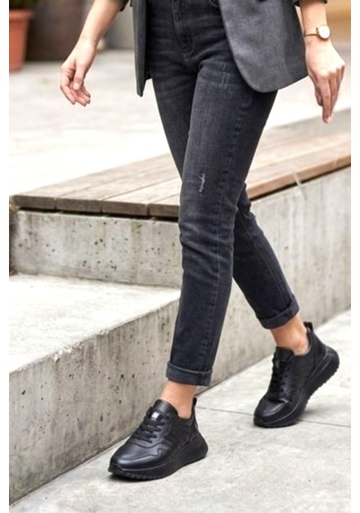 Fox Shoes Z555090103 Siyah Hakiki Deri Kalın Tabanlı Spor Ayakkabı Sneakers
