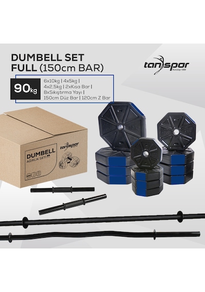 Tanspor 90 Kg Dambıl Halter Full Kısa Bar + Düz Bar (150 cm) + Z Bar (120 cm) Set Mavi Kapaklı