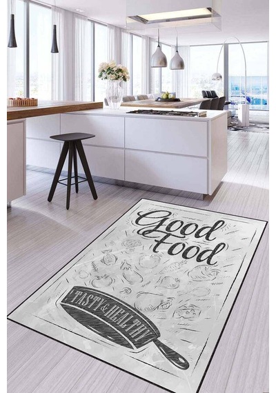 Gri Kaymaz Tabanlı Yıkanabilir Yazılı Mutfak Halısı Ar1256n11