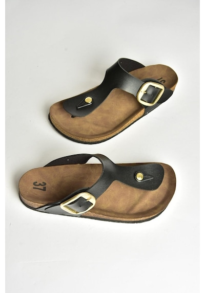 Fox Shoes U777917009 Siyah Parmak Arası Kadın Terlik Siyah-suni Deri Siyah