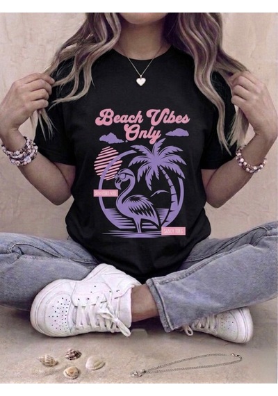 Flamingo Baskılı Oversize Kompak T-shirt Siyah