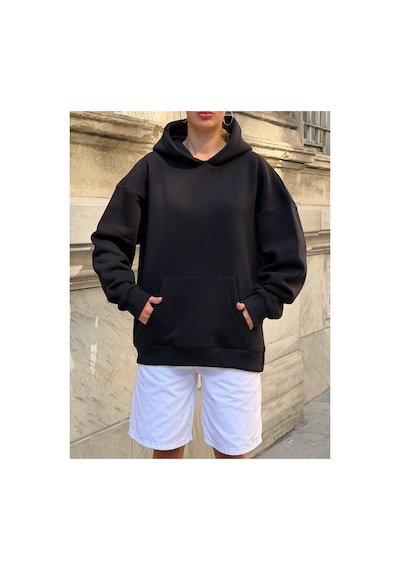 Zdnjeans Kadın Taşlı Kanat Baskılı Oversize Kapüşonlu Sweatshirt siyah