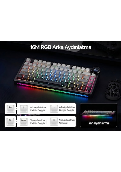 Ak820 V2 Ekranlı, Kablosuz Mekanik Oyun Klavyesi-10.000 Mah Batarya
