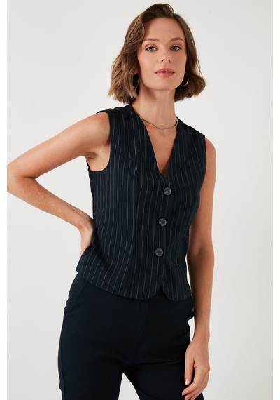 Lela Fitted-Vücuda Oturan Astarlı Klasik Dokuma Bayan Yelek 611Yl030W4 Lacivert-Beyaz Lela Fitted-Vücuda Oturan Astarlı Klasik Dokuma Bayan Yelek 611Yl030W4 Lacivert-Beyaz