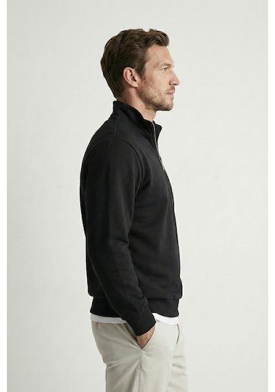 Elemge Pamuklu Erkek Sweatshirt Siyah Soft Touch Relax Fit Yarım Fermuarlı Dik Yaka 3 Iplik Nefes Alan