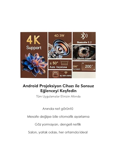 Bataryalı Otomatik Odaklı Projektör - Android Wifi 4k Destekli Ev Sineması Taşınabilir Projeksiyon