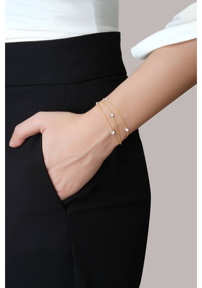 So Chic Zirkon Taşlı 18 Ayar Sarı Altın Kaplama 19 Cm Üç Sıra Gümüş Bileklik 99209637
