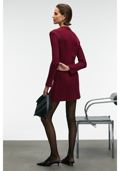 Grımelange ENCANTO Kadın Yuvarlak Yaka Çizgi Desenli Slim Fit Bordo Elbise