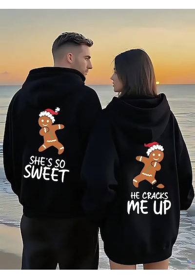 Nevermind Sevgili Çift Kombin Hoodie Gingerbread Baskılı Oversize Kapüşon Siyah