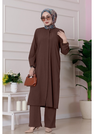 Sevitli Yırtmaç Detaylı Tunik Pantolon Takım-kahverengi-4861