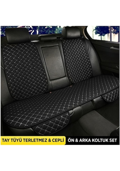 Torpedo Tay Tüyü Cepli & Terletmez Sırtlı Oto Koltuk Minder Seti - Koltuk Koruma Kılıfı - Ön Ve Arka Koltuk Minder Set Siyah-beyaz