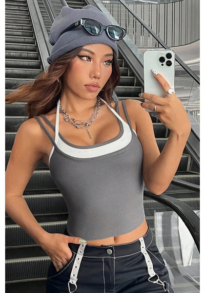 Epilons Zenvial Kadın Antrasit Gri Beyaz Çift Renk Çapraz Askılı Crop Top Bluz Zenviall2