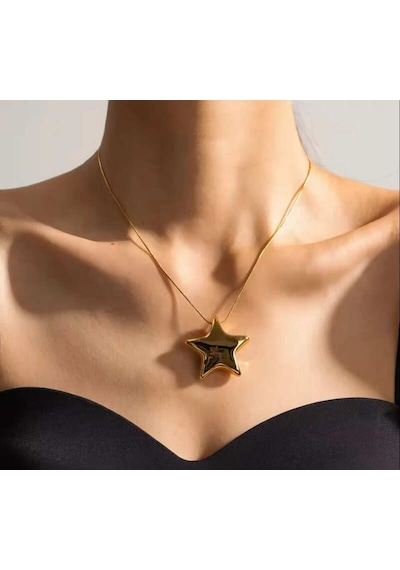 Gold Renk 316l Şık Yıldız Model Parlak Ve Minimalist Tasarım Çelik Kolye Gold