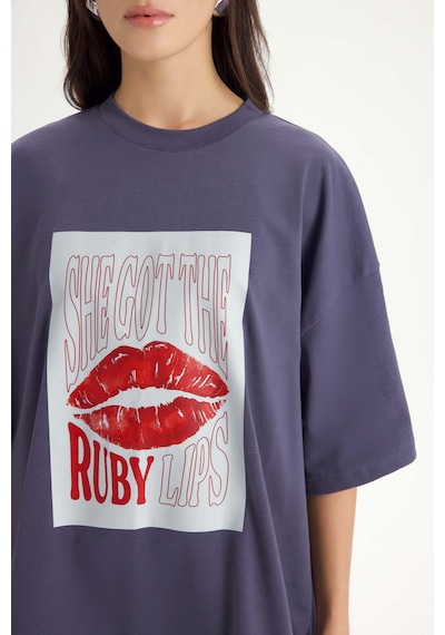 Mai Studios Co. Lip Print Oversize Füme T-shirt Füme