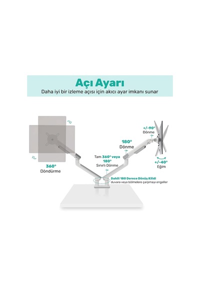 Std49024w Elysium 17"-32" Çift Monitör Kolu, Ultra İnce Alüminyum Amortisörlü Stand, 2x9kg Vesa Tutucu, Beyaz