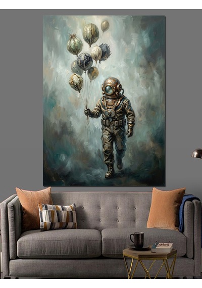 Gökyüzünde Balon Tutan Astronot Tablosu Dekoratif Kanvas - Mdf Ahşap Tablo