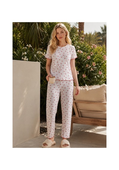Rindahomewear Kadın Alaçatı Kumaş Kiraz Desenli Kısa Kollu Yazlık Pijama Takımı Kirazlıdesen