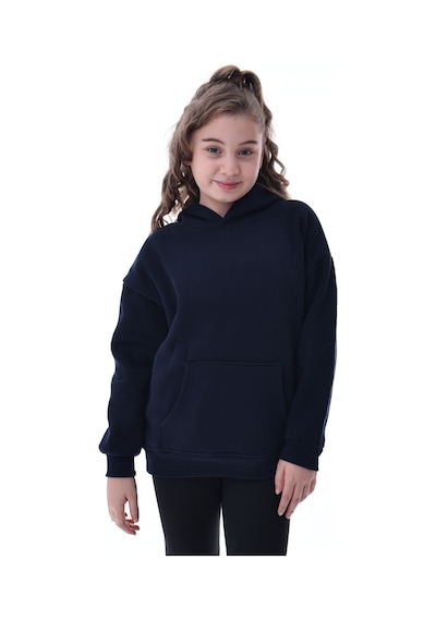 Unisex Çocuk Kapüşonlu Sweatshirt 5-14 Yaş Rahat Günlük Spor Oversize Lacivert