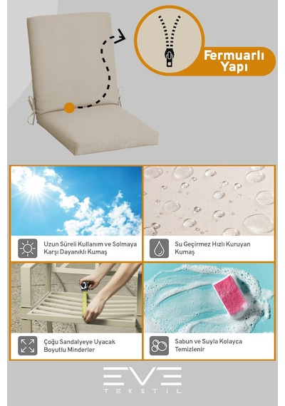 Eve Tekstil Bahçe - Salon - Balkon Arkalıklı Fermuarlı Bağlanabilir Yıkanabilir Sandalye Minderi 8 Adet Krem