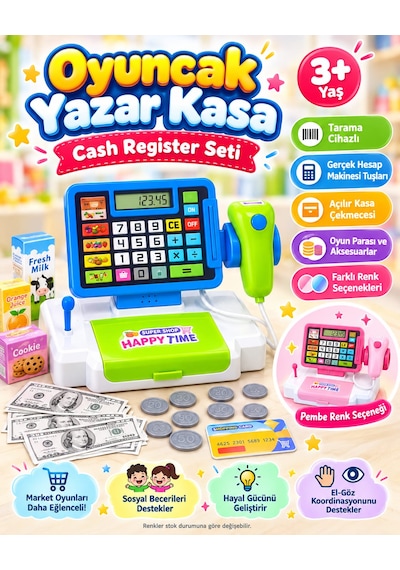 Oyuncak Barkod Okuyucu Yazar Kasa Hesap Makineli Cash Register Süpermarket Kasiyer Oyunu Alışveriş Seti Mavi