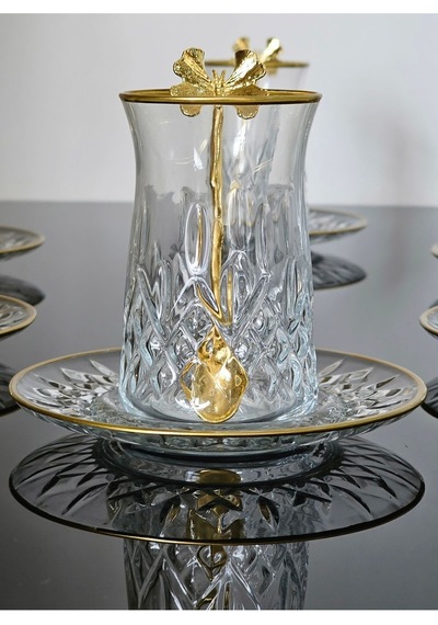 Atabey Home Collection 18 Parça Odin Çay Seti Kelebek Çay Kaşikli Cam Tabakli Gold Detayli Çok Renkli