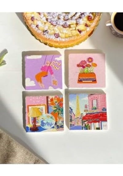 Renkli Desenli Doğal Taş Bardak Altlığı Seti, 4 Lü 1