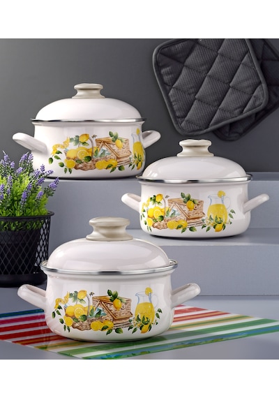 Bonera Emaye 6 Parça Krem Set Emaye Kapaklı - Limon Dekor