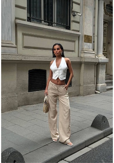 HLT Jeans Kadın Krem Baggy Beli Lastikli Keten Görünümlü %100 Pamuk Pantolon Emily-3018