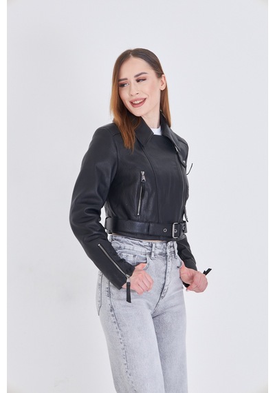 M M Marki Marki Kadın Siyah Hakiki Deri Crop Ceket Biker Stil, Kruvaze Yaka, Kemerli, 52 Cm - 117622
