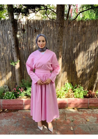 Butik Moda Etkm003 Üstü Bağlamalı Eteği Yandan Fermuarlı Takım Pembe 001