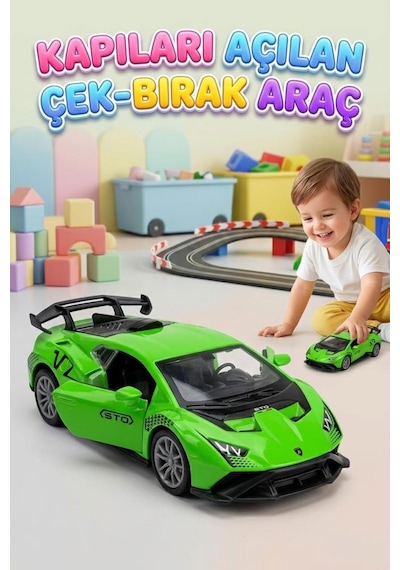 Çek-bırak Mekanizmalı 12cm Süper Sport Model Kapıları Açılabilir Metal Oyuncak Yarış Arabası Yeşil