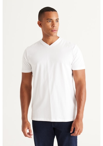 AC&Co / Altınyıldız Classics Erkek Beyaz-beyaz 2'li Slim Fit Dar Kesim V Yaka Tişört Beyaz