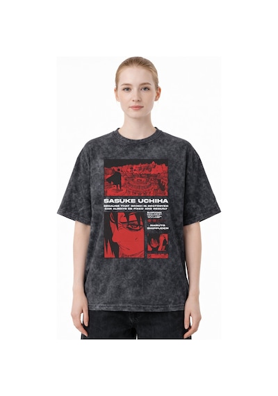 Tasarım Sasuke Uchiha Naruto Shippuden Anime Baskılı Unisex Overs Siyah