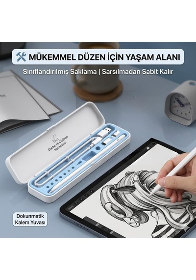 Dokunmatik Kalem Saklama Kutusu Kalem Ve Uç Organizer Kılıf Sert Kasa + Yumuşak Silikon İç Su Geçirmez & Taşınabilir Aksesuar Kutusu 165-Koyu Yeşil