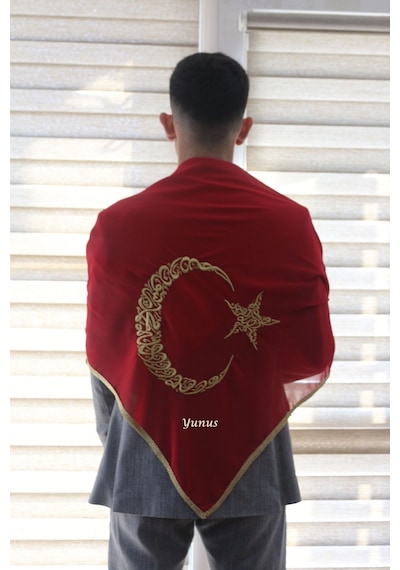 İsimli Damat Kına Asker Şalı Omuz Örtüsü Ayyıldız Nakış Işlemeli Ay Yıldız Gold Isme Özel